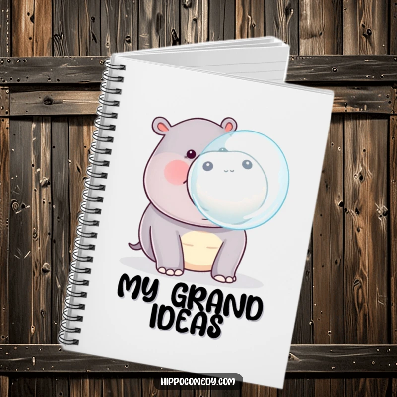 Funny kawaii hippopotamus blowing a large bubble from its mouth, inside a cute notebook for writing.