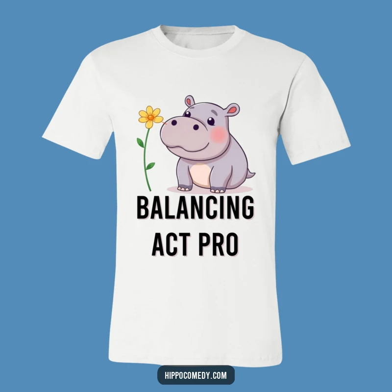 Funny Hippo Flower Nose Tee: Playful Hippopotamus Balancing Bloom Shirt