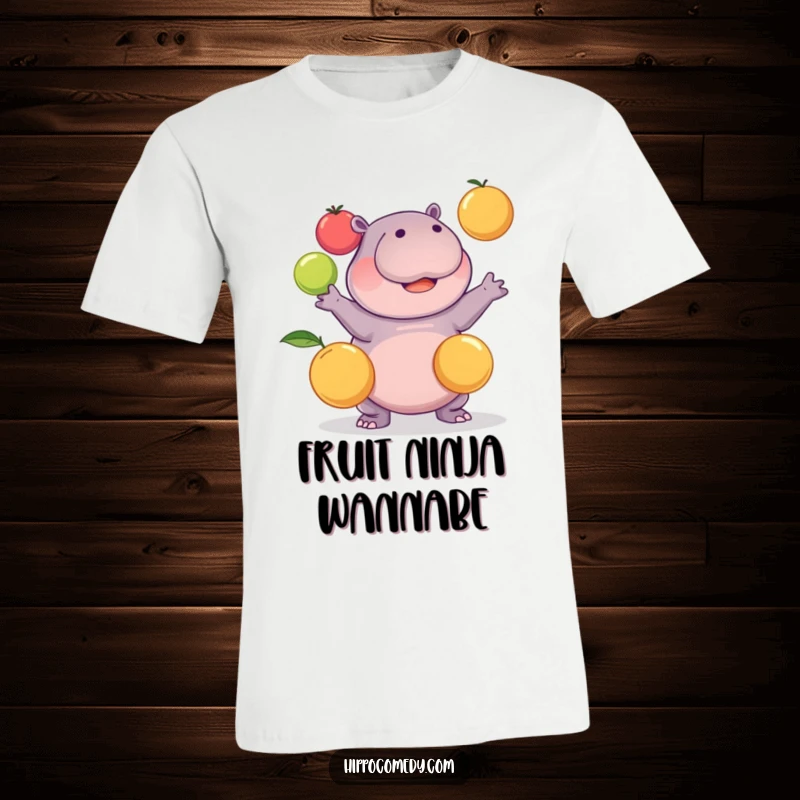 Funny kawaii hippopotamus comically struggling to juggle three round fruits on a t-shirt, capturing a hilarious moment.