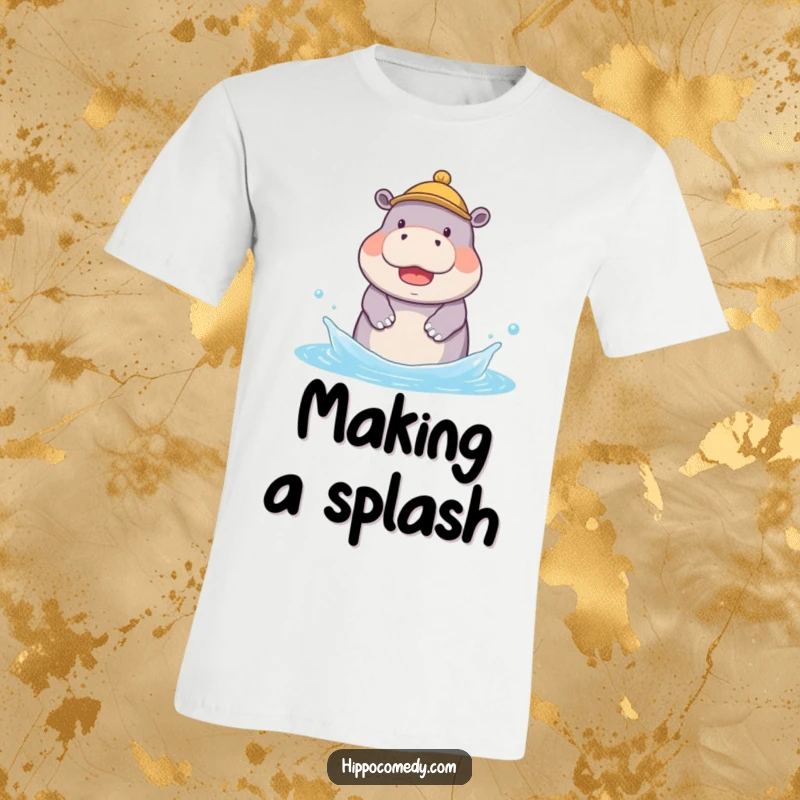 Funny t-shirt depicting a kawaii hippopotamus in a tiny hat, joyfully splashing water with a wide, happy grin.