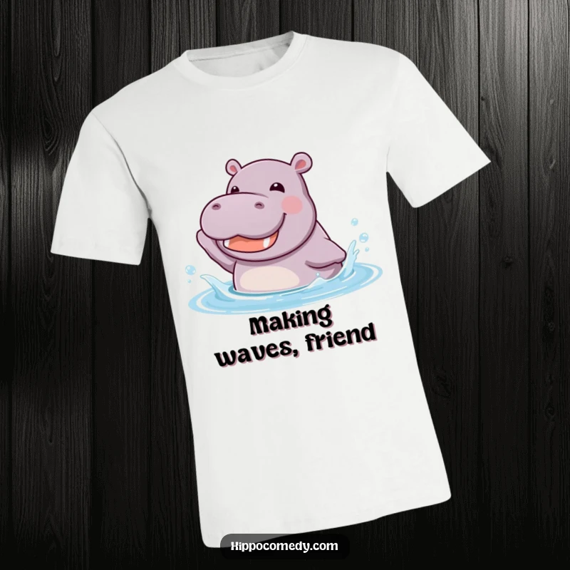 Funny kawaii hippopotamus joyfully splashing in cool water with a happy grin, printed on a comfortable t-shirt.