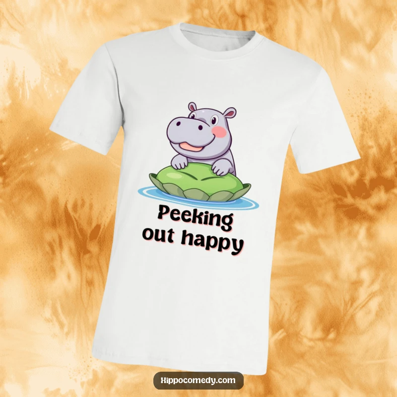 Funny T-Shirt graphic of a happy hippopotamus with a wide, infectious grin, poking its head over a massive green lily pad. Playful and cheerful.