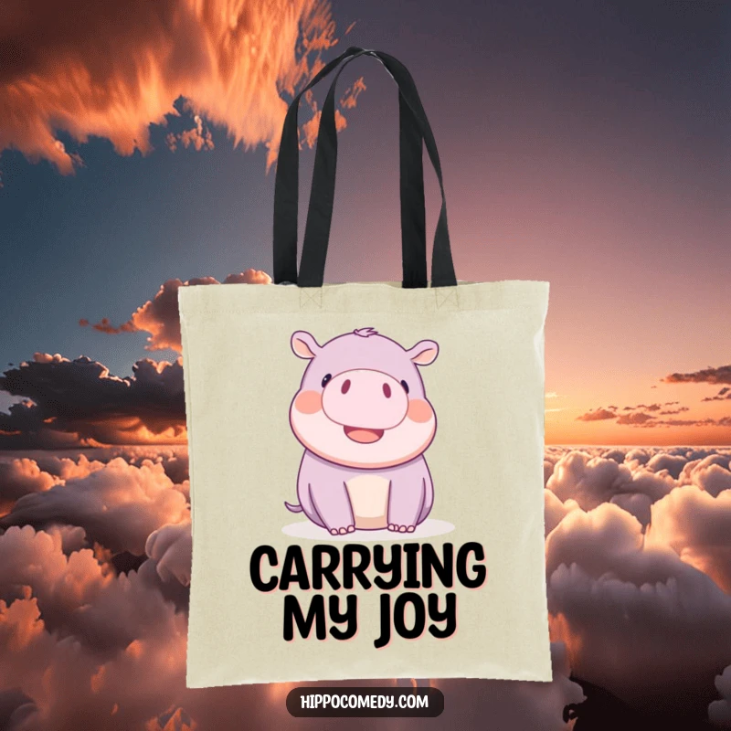 Funny kawaii hippopotamus playfully wiggling its tiny ears with delight, on a durable tote bag.