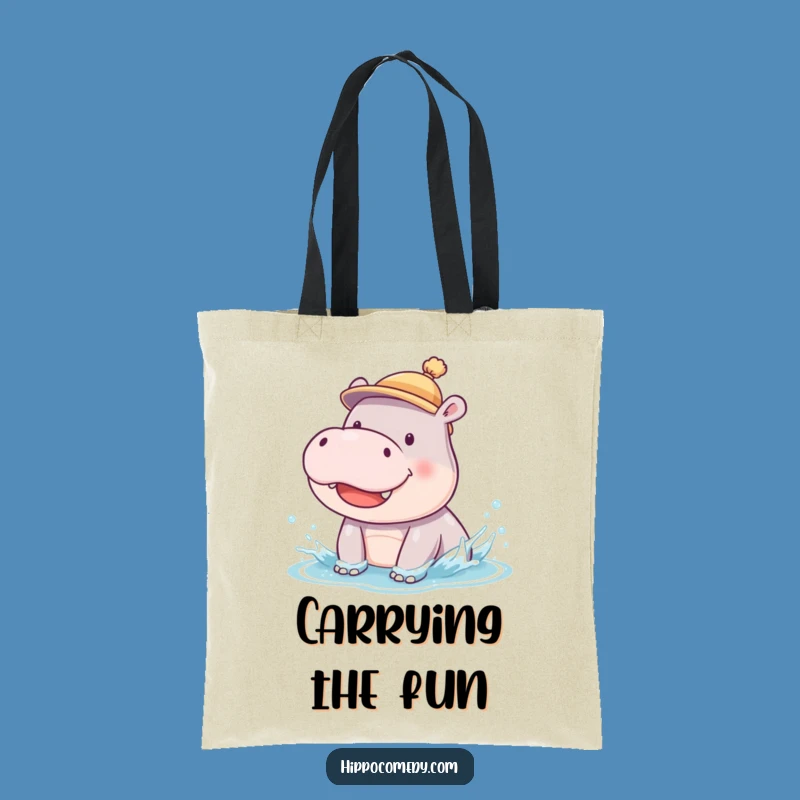 Funny Hippo Cub Tote Bag: Silly Splashing Hippo in Hat Carryall