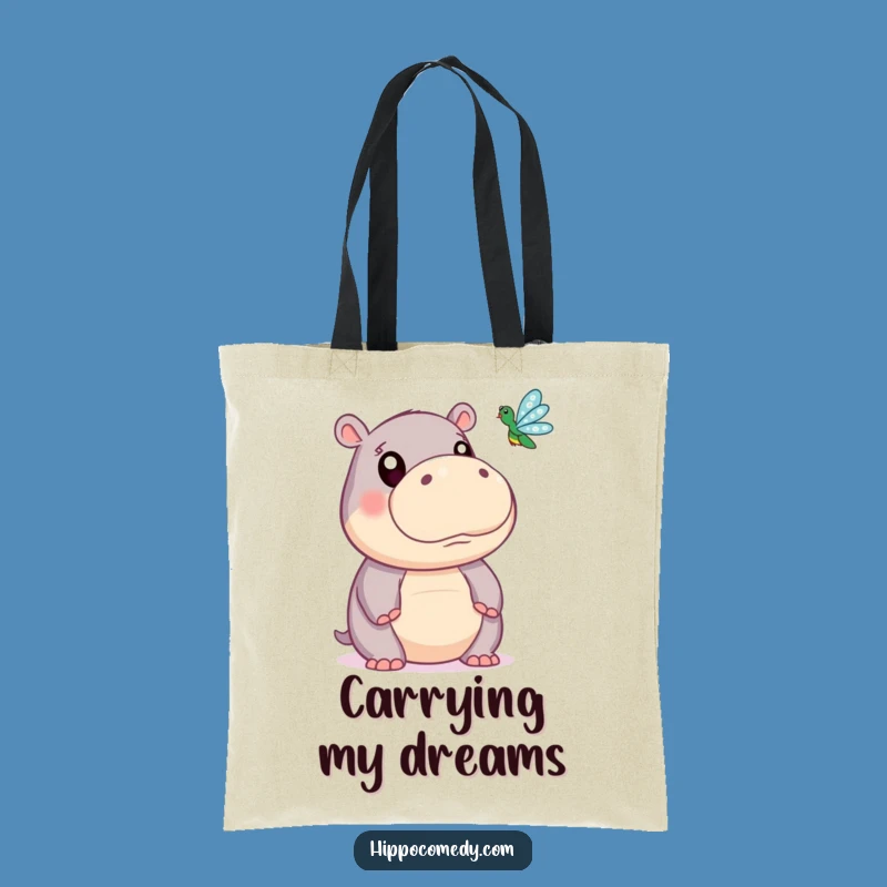 Funny Hippo Tote Bag: Cute Wide-Eyed Hippo Dragonfly Watcher Bag